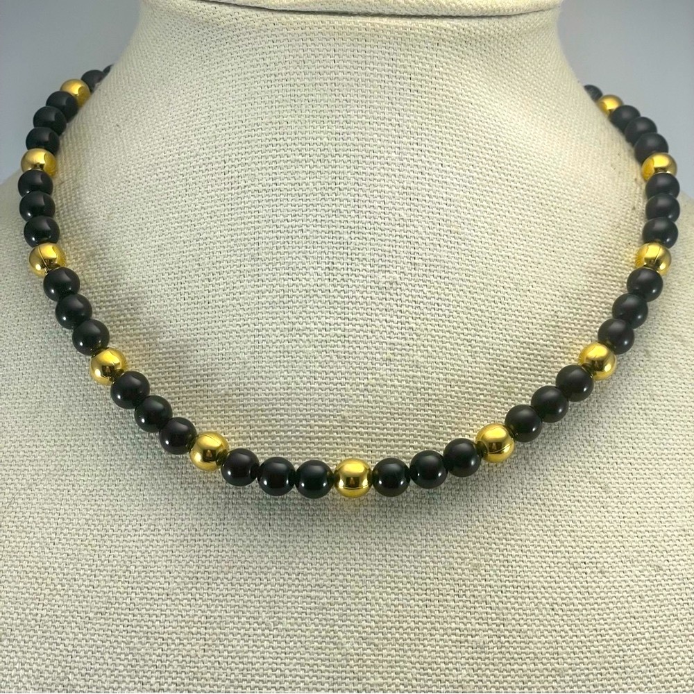 Vintage Napier Black Glass Gold Tone Beaded Statement Necklace Classic Timeless